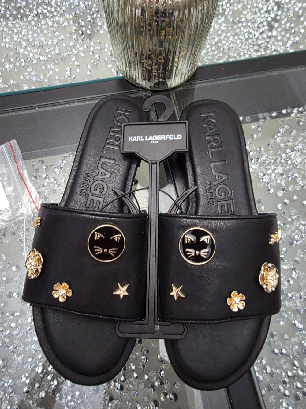 Karl Lagerfeld Black Embellished Slide Sandals New